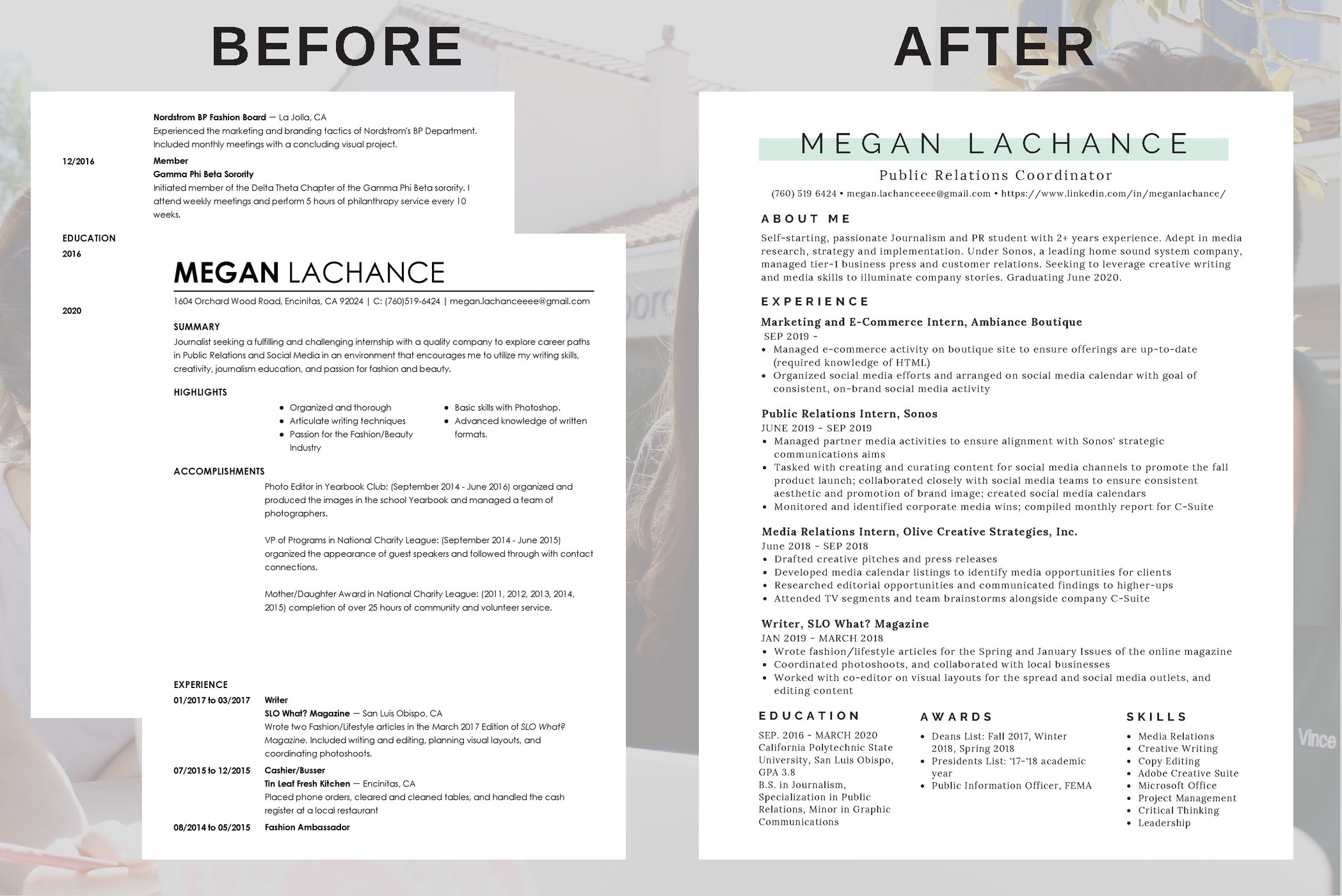 LaChance’s resumè is now refined, professional and application-ready. DeSantis’ and Lee’s simple edits to design and syntax replace the previous two-page document, bringing the resumè to post-grad caliber.