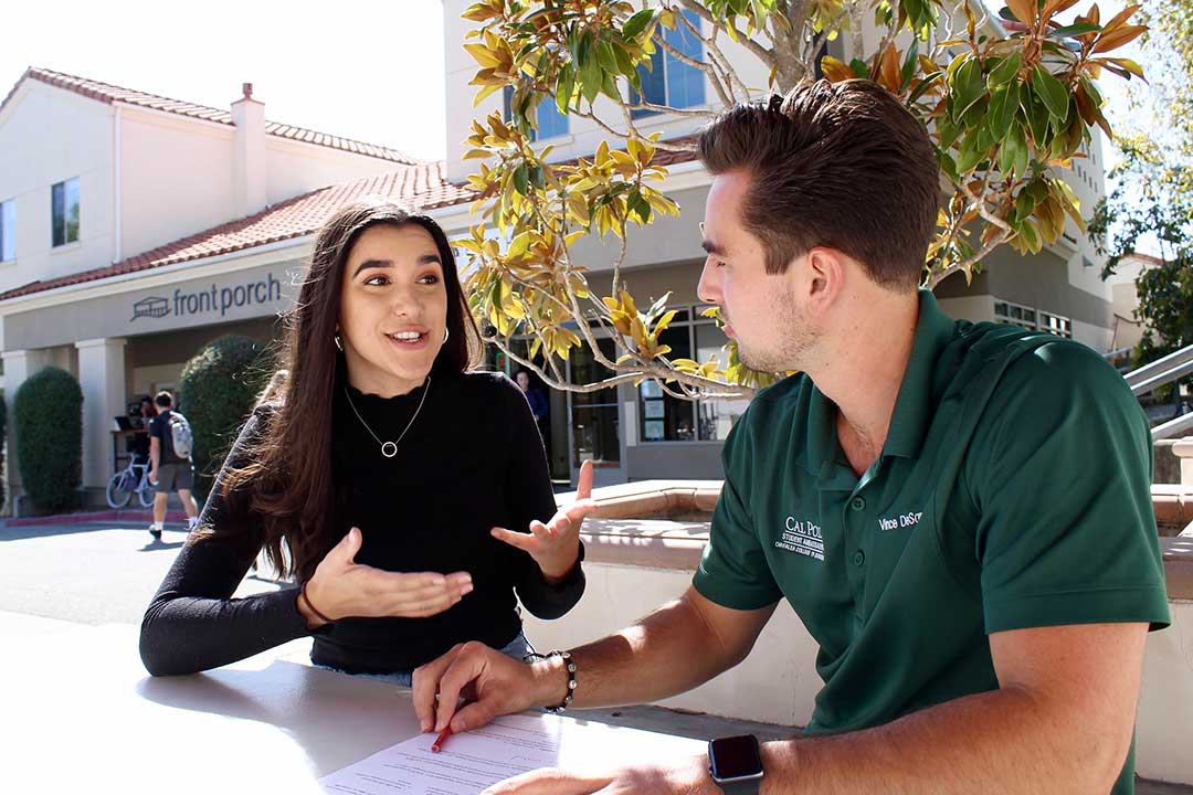 Front Porch, San Luis Obispo, Oct. 14, 2019｜The two chat about LaChance’s resumè choices, specifically why she still includes high school experience. “I’d suggest removing it now that you’re a senior and just ‘beef up’ your college involvement instead,” DeSantis said.